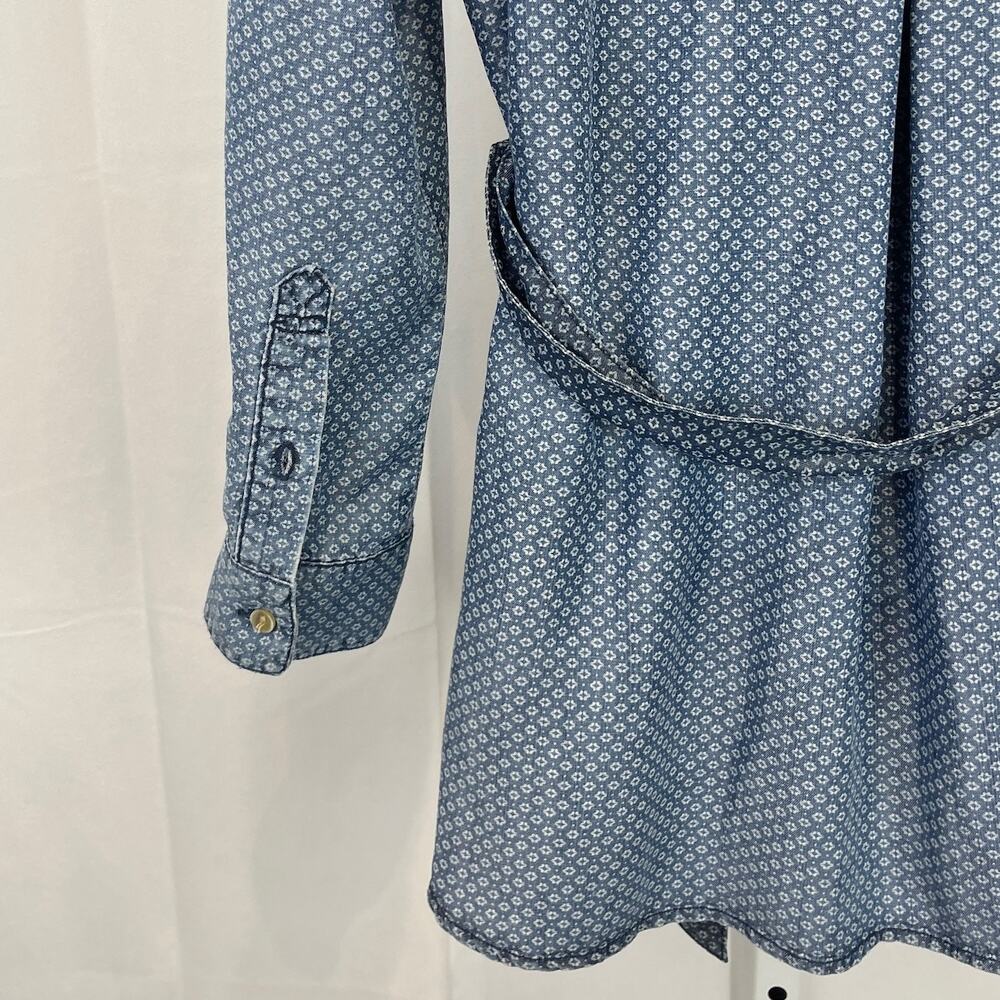 CLOTH & STONE Geometric Print Button Down Tunic Top Belted Tencel Denim Blue L - Picture 7 of 10